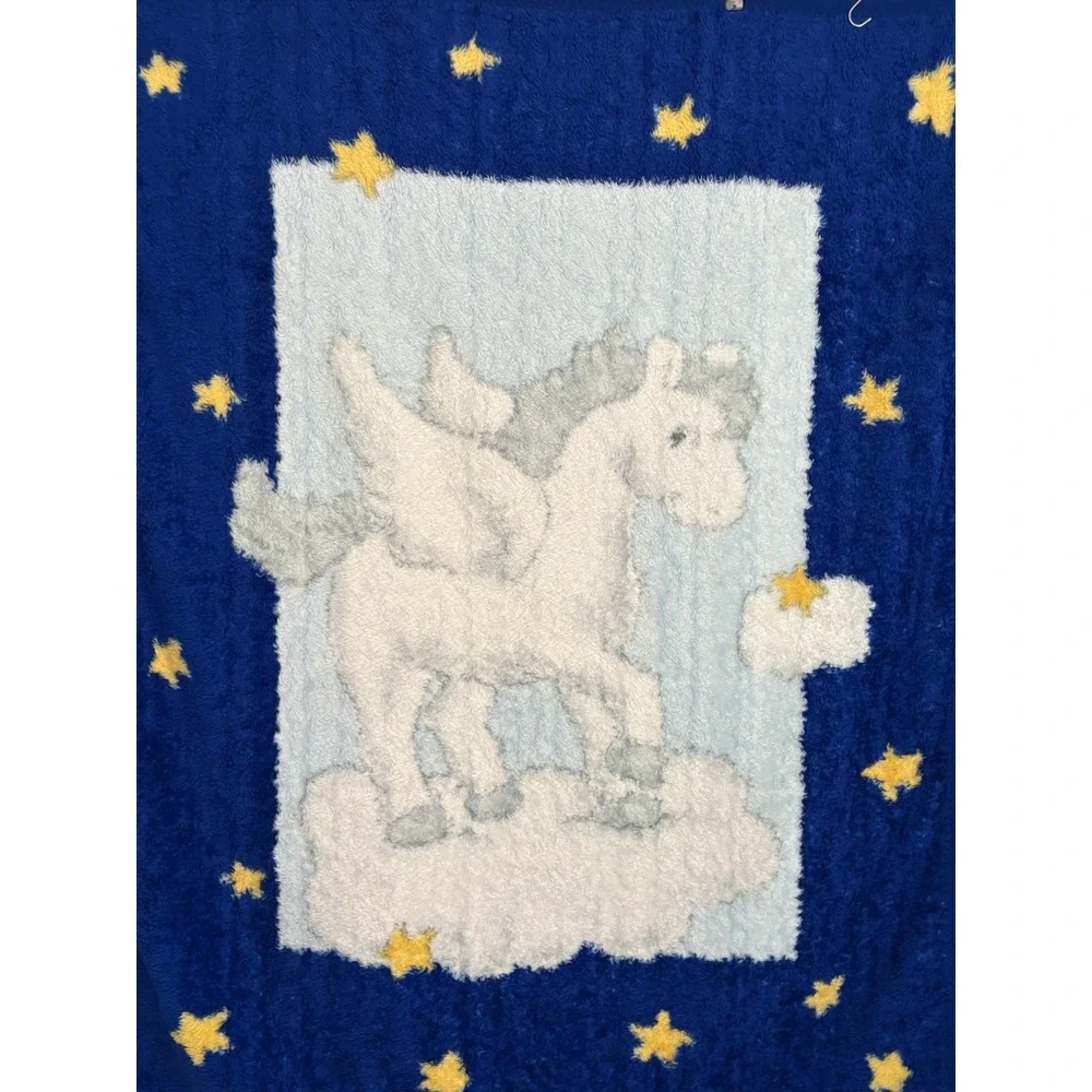 Vintage Baby Mink Blanket Pegasus Deep Royal Blue Stars Clouds Dreams‎ 43
